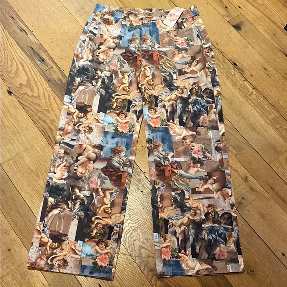 Wide Leg High Rise Cotton Renaissance Cherub Jean Pants Sz32 TALL - Picture 1 of 10